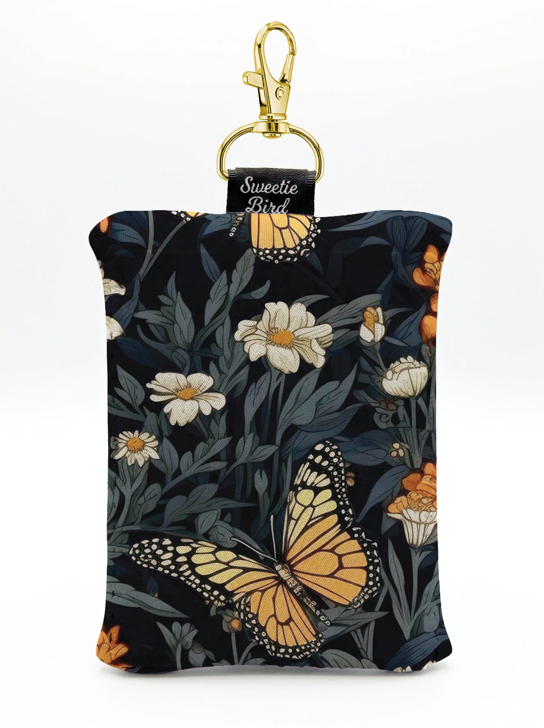 Dark Floral Monarch Butterfly Neoprene Pouch – Botanical Zip Pouch with Clip